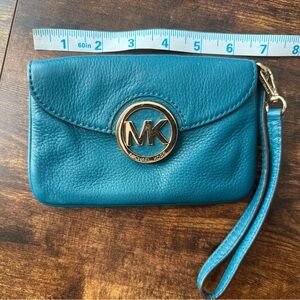 Michael Kors Blue Teal Leather Wristlet with Gold Logo